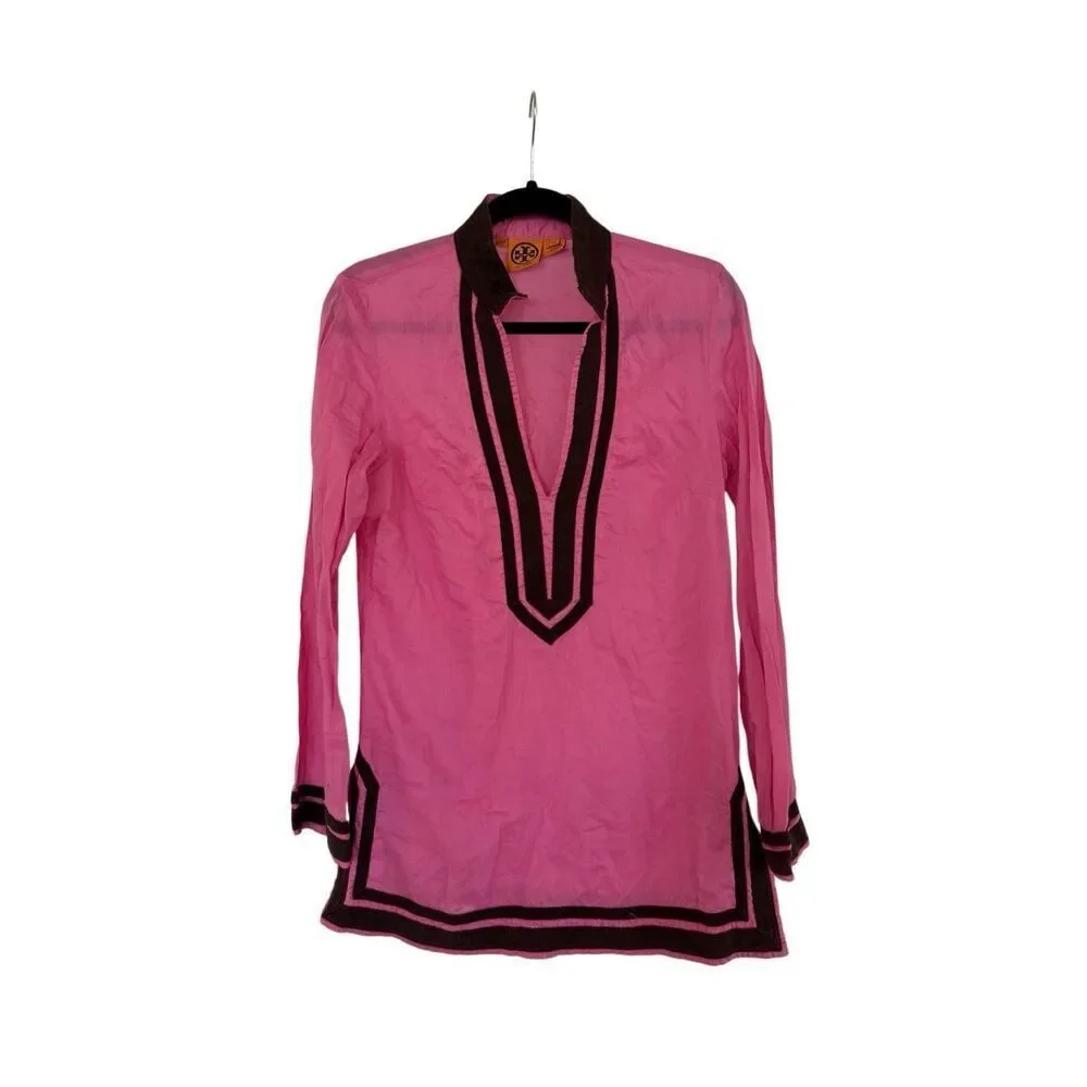 Tory Burch Womens Pink Long Sleeve Cotton Kaftan Tunic Cover-up Dress Size